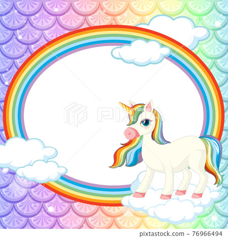 Pastel fish scales texture with rainbow oval frame with unicorn cartoon character Pastel fish scales texture with rainbow oval frame with unicorn cartoon character 76966494