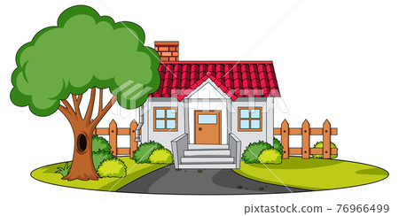 Front view of a house with nature elements on white background Front view of a house with nature elements on white background 76966499