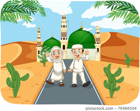 Outdoor scene with muslim boy and girl cartoon character Outdoor scene with muslim boy and girl cartoon character 76966504