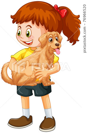 Happy girl cartoon character hugging a cute dog 76966520