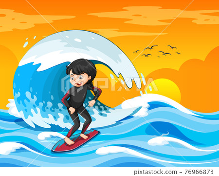 Big wave in the ocean scene with girl standing on a surf board 76966873