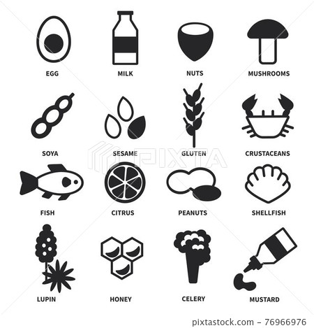 Large set of black and white icons with the main allergens in food Large set of black and white icons with the main allergens in food 76966976