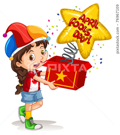 A girl wearing jester hat holding surprise box with April's fool day font A girl wearing jester hat holding surprise box with April's fool day font 76967109