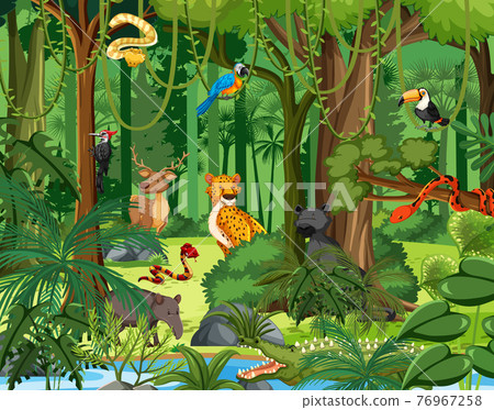 Wild animal cartoon character in the forest scene Wild animal cartoon character in the forest scene 76967258