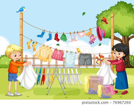 Outdoor scene with children hanging clothes on clotheslines Outdoor scene with children hanging clothes on clotheslines 76967260