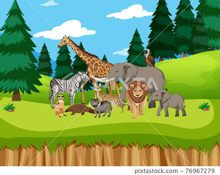 Group of wild african animal in the forest scene 76967279