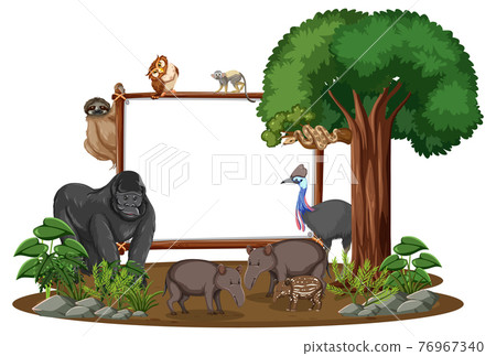 Empty banner with wild animals and rainforest trees on white background 76967340