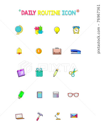 Flat Daily routine equipment, tools set Outline Cartoon Style Suitable for Sticker, Icon. Isolated on a white background Flat Daily routine equipment, tools set Outline Cartoon Style Suitable for Sticker, Icon. Isolated on a white background 76967361