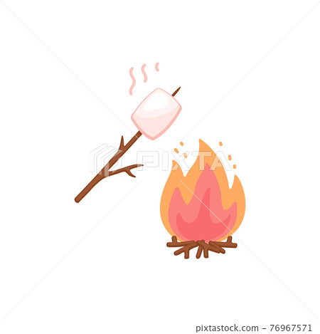 Marshmallow on stick roasting on bonfire, flat vector illustration isolated. 76967571