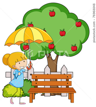 Doodle cartoon character a girl holding an umbrella with apple tree Doodle cartoon character a girl holding an umbrella with apple tree 76968848