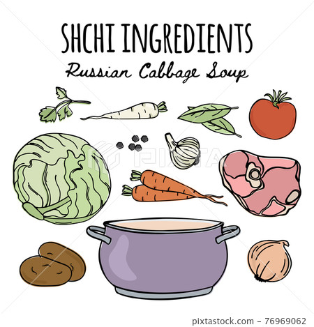 SHCHI National Russian Cuisine Menu Traditional Soup Recipe Food Ingredients Cartoon Clip Art And Handwriting Text Vector Illustration Set For Print 76969062