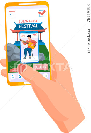 Hand holding phone with open air concert poster in outdoor summer music festival in city Busan Hand holding phone with open air concert poster in outdoor summer music festival in city Busan 76969198