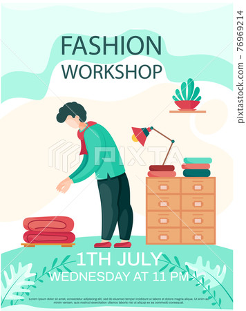 Man designer working with stack of textiles, sewing to order. Fashion workshop concept poster 76969214