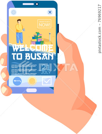 Welcome to Busan modern city tourist travel promotion poster on smartphone web page in human hand Welcome to Busan modern city tourist travel promotion poster on smartphone web page in human hand 76969217
