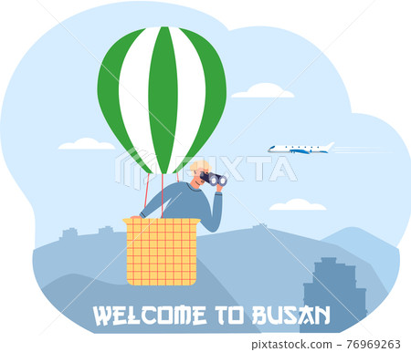 Welcome to Busan travel poster with man in hot air balloon looks through binocular in South Korea Welcome to Busan travel poster with man in hot air balloon looks through binocular in South Korea 76969263