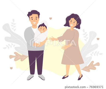 Family life concept. Happy husband holds a smiling newborn son in his arms. A lovely woman-wife stands next to him. Vector illustration. Light-skinned family with toddler boy Family life concept. Happy husband holds a smiling newborn son in his arms. A lovely woman-wife stands next to him. Vector illustration. Light-skinned family with toddler boy 76969371