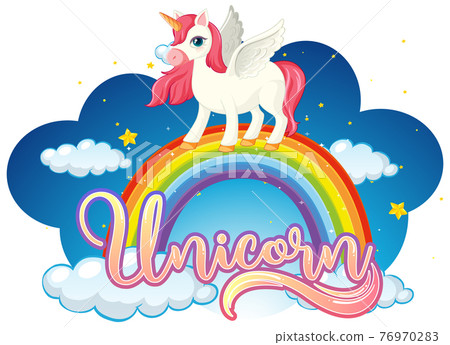 Cartoon character of unicorn standing on rainbow with unicorn font 76970283