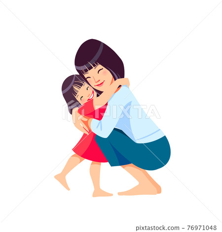 Asian woman mother and child. Mom hugging her daughter with a lot of love and tenderness. Mother's day, holiday concept. Cartoon flat isolated vector design 76971048