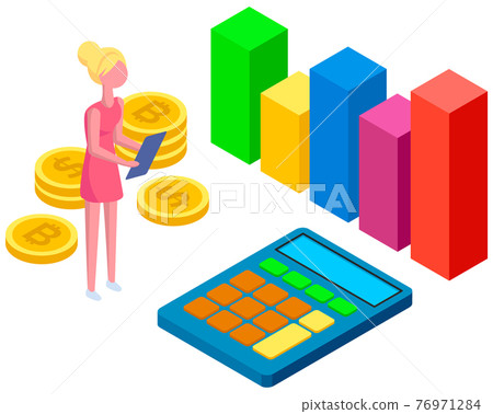 Female character counting funds and finances on calculator. Woman studies statistical indicators 76971284