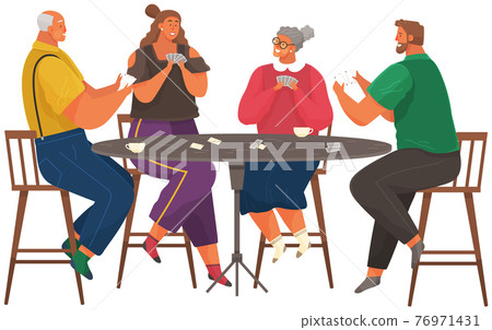 Young and elderly people with board game spend time in living room. Family plays cards at home 76971431