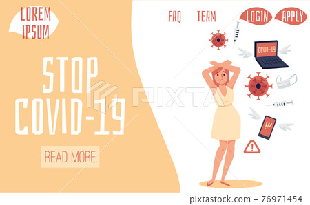 Stop Covid-19 banner with woman in panic from epidemic flat vector illustration. 76971454