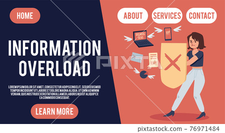 Information overload webpage with woman with shield, flat vector illustration. Information overload webpage with woman with shield, flat vector illustration. 76971484
