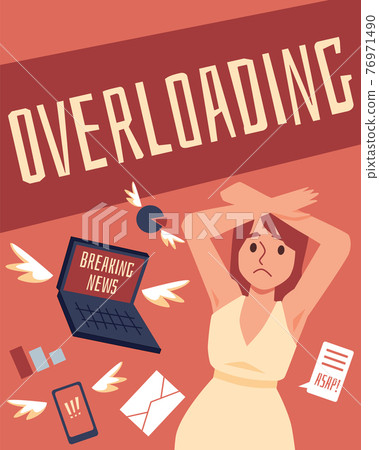 Woman in stress overwhelmed by lot of information and internet data stream. Woman in stress overwhelmed by lot of information and internet data stream. 76971490
