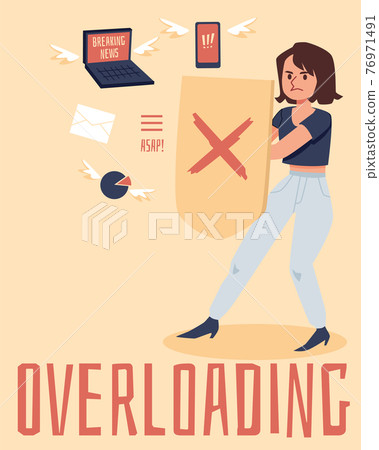 Woman defends herself against news stream, cartoon flat vector illustration. 76971491