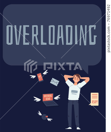 Information overloading poster with man in panic, flat vector illustration. Information overloading poster with man in panic, flat vector illustration. 76971492