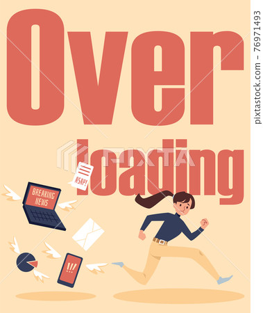 Stressed woman runs from information flow, flat vector illustration isolated. Stressed woman runs from information flow, flat vector illustration isolated. 76971493