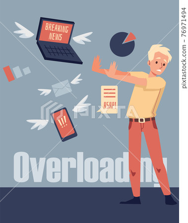 Card with man suffering of information overloading, flat vector illustration. Card with man suffering of information overloading, flat vector illustration. 76971494