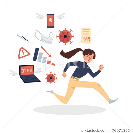 Woman runs from the information flow, flat vector illustration isolated. Woman runs from the information flow, flat vector illustration isolated. 76971505