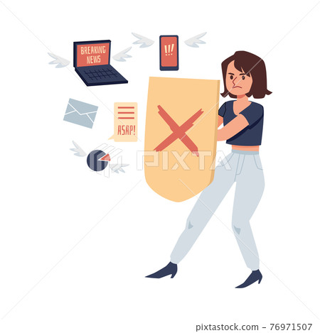 Woman reflecting attack of news flow, cartoon flat vector illustration isolated. Woman reflecting attack of news flow, cartoon flat vector illustration isolated. 76971507