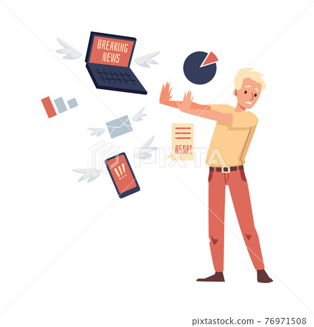 Man feeling stressed of news overloading, flat vector illustration isolated. Man feeling stressed of news overloading, flat vector illustration isolated. 76971508
