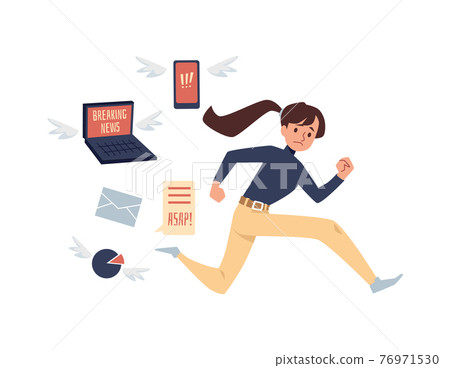 Woman running away from breaking news, flat vector illustration isolated. Woman running away from breaking news, flat vector illustration isolated. 76971530