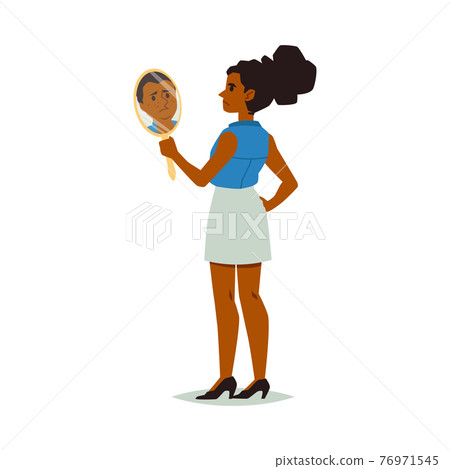 Woman looking in mirror with self hate, negative self acceptance and assessment. Woman looking in mirror with self hate, negative self acceptance and assessment. 76971545