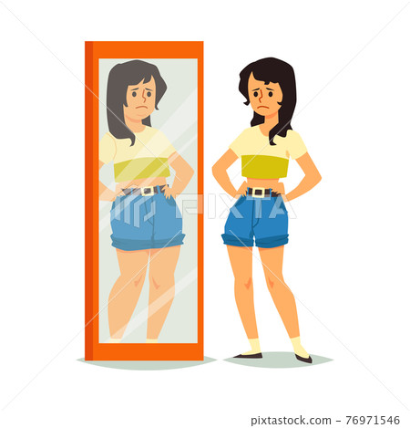 Accepting, loving, confidence and self respecting positive girl looks in mirror. Accepting, loving, confidence and self respecting positive girl looks in mirror. 76971546