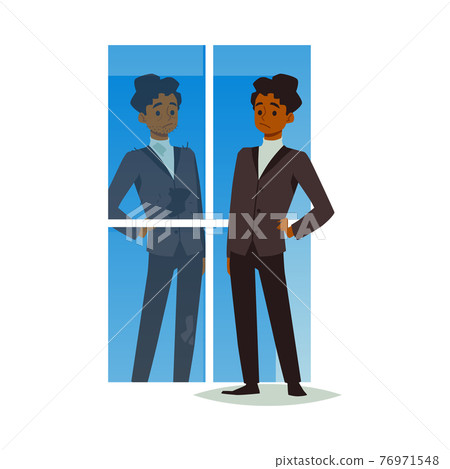 Male looking at his reflection with self hate and negative self acceptance. Male looking at his reflection with self hate and negative self acceptance. 76971548