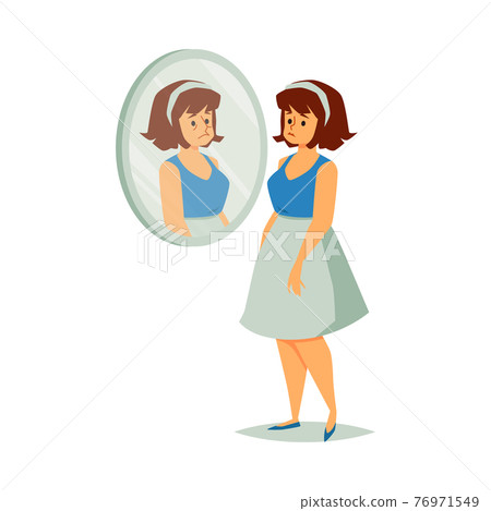 Overweight woman disappointed with appearance, flat vector illustration isolated. 76971549