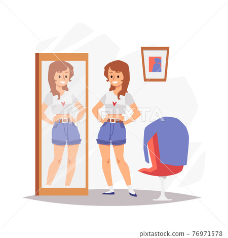 Woman happy and contented with her appearance, flat vector illustration isolated. 76971578
