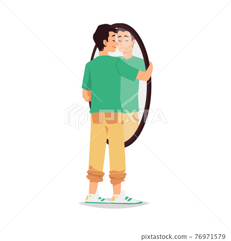 Narcissistic man with positive self acceptance looks at her reflection 76971579