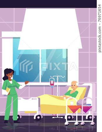 Female nurse visit old patient lying in hospital bed in medical ward 76971654