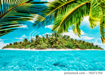 Whole tropical island within atoll in tropical Ocean on a summer day. Uninhabited and wild subtropical isle with palm trees. Equatorial part of the ocean, tropical island resort. Whole tropical island within atoll in tropical Ocean on a summer day. Uninhabited and wild subtropical isle with palm trees. Equatorial part of the ocean, tropical island resort. 76971709