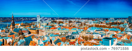 Panoramic view of the city of Riga, Latvia from the height of the tower Church of St. Peter 76971886