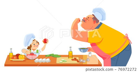 Grandfather and grandchild prepare a salad. A happy family cooks together in the kitchen. Home and cooking at the weekend. Cartoon vector illustration isolated on a white background Grandfather and grandchild prepare a salad. A happy family cooks together in the kitchen. Home and cooking at the weekend. Cartoon vector illustration isolated on a white background 76972272