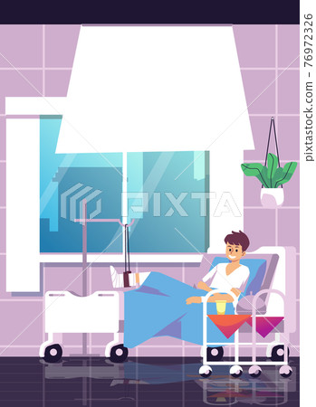 Smiling cheerful patient in comfortable hospital room flat vector illustration. Smiling cheerful patient in comfortable hospital room flat vector illustration. 76972326