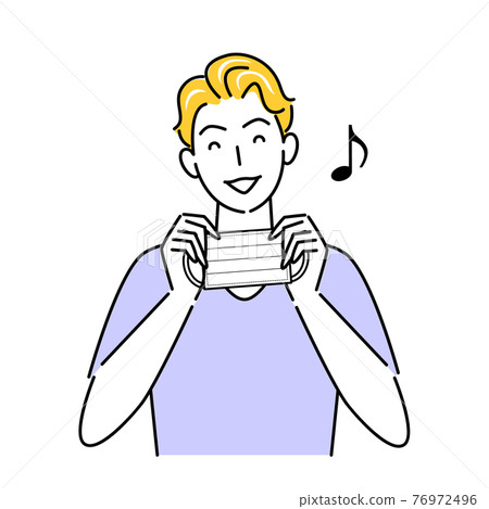 微笑的男子雙手拿著面具插圖簡單向量圖 76972496