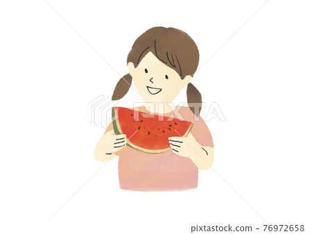 Elementary school girl eating watermelon Elementary school girl eating watermelon 76972658