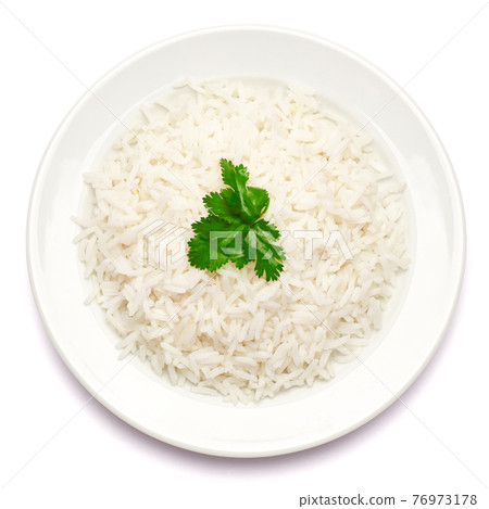 Plate of Boiled Rice isolated on a white background with clipping path embedded 76973178