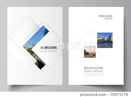 Vector layout of A4 format cover mockups design templates with geometric simple shapes, lines and photo place for brochure, flyer layout, booklet, cover design, book, brochure cover. 76973179
